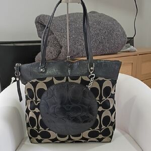 Coach Signature Laura Black and Cream Tote With Leather Trim